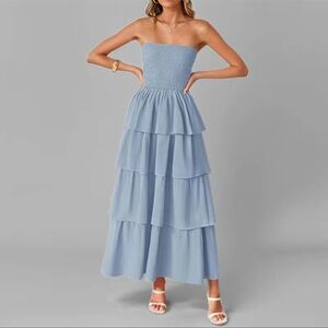 Chic Strapless Light Blue Tiered Dress